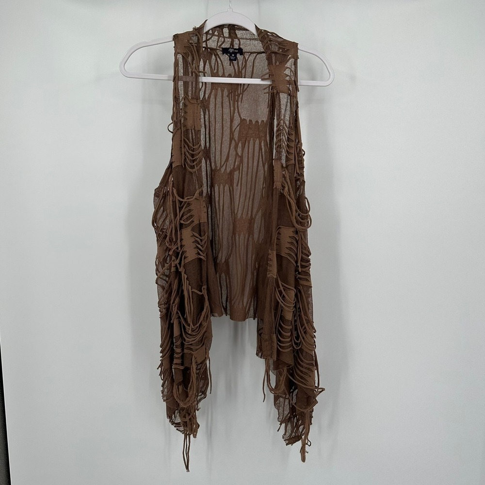 Womens Boho Shredded Mesh Open Front Vest Size M Festival Fairy Grunge Earthy